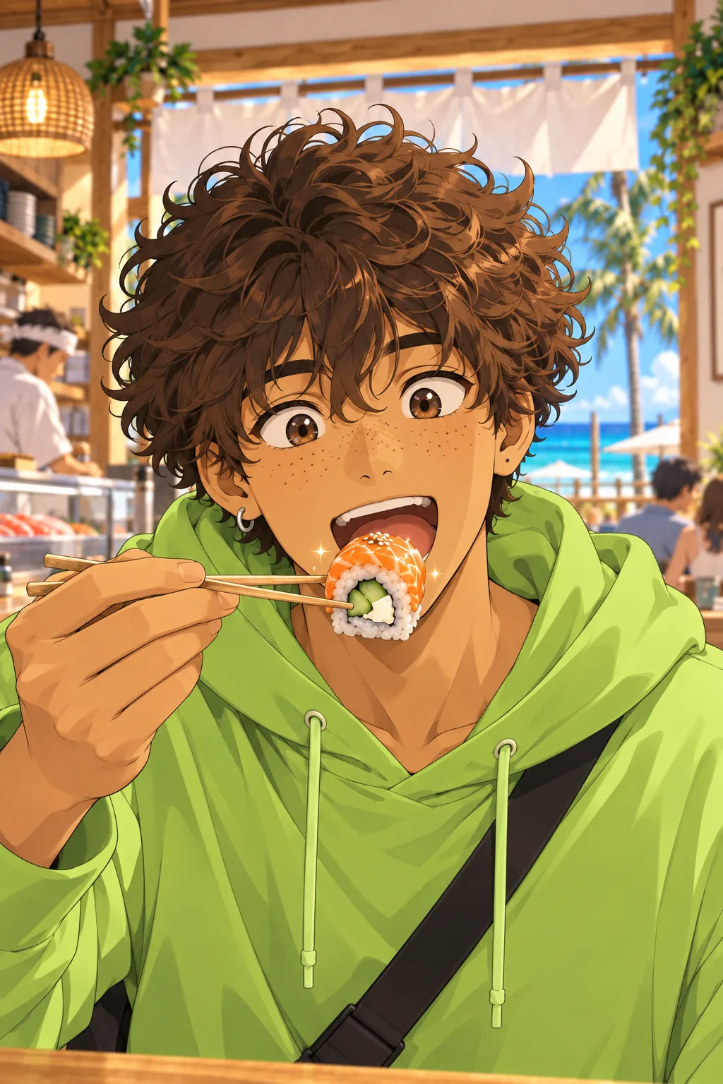 He holds a salmon roll in his chopsticks right at his open mouth