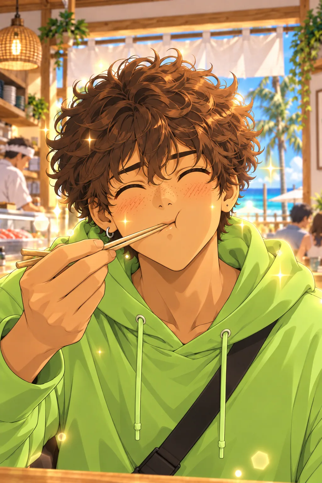 He bites the sushi, eyes shut in bliss