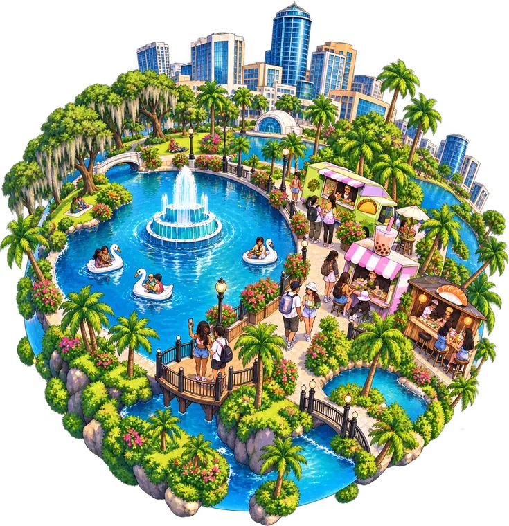 A tiny sunny planet of Orlando: the skyline, Lake Eola and its fountain, palm trees and food trucks